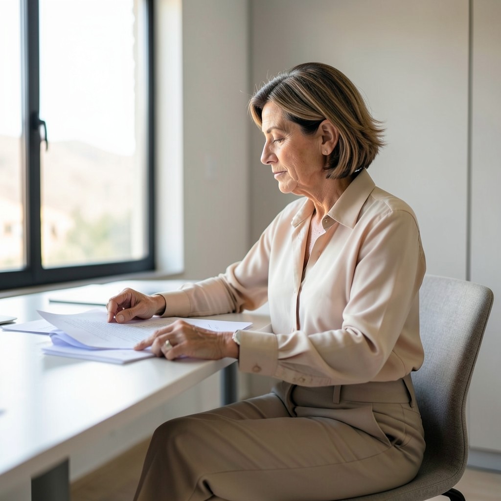Consultora revisando un expediente laboral junto a la ventana