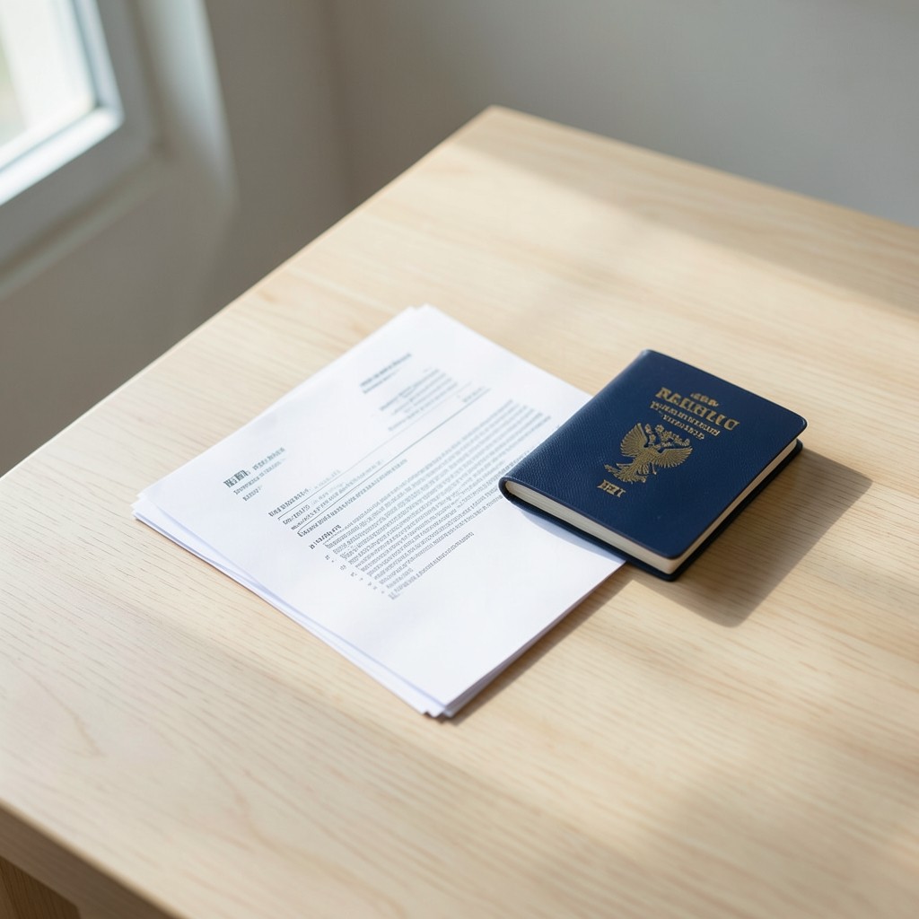 Contrato de trabajo y pasaporte sobre una mesa de madera clara