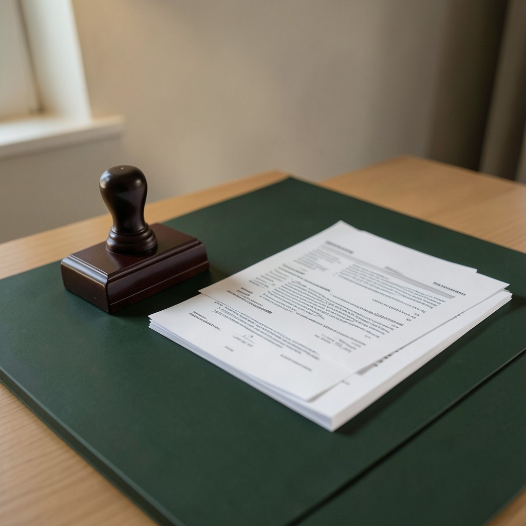 Contrato laboral y sello de autorización sobre escritorio