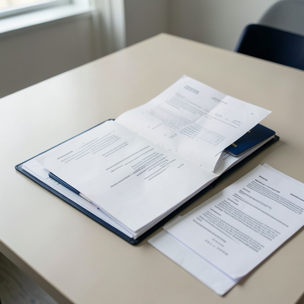 Mesa de consulta con expediente laboral y documentos de residencia
